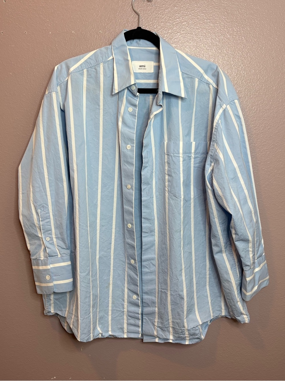Ami Oversized Blue and White Vertical Stripe Shirt
